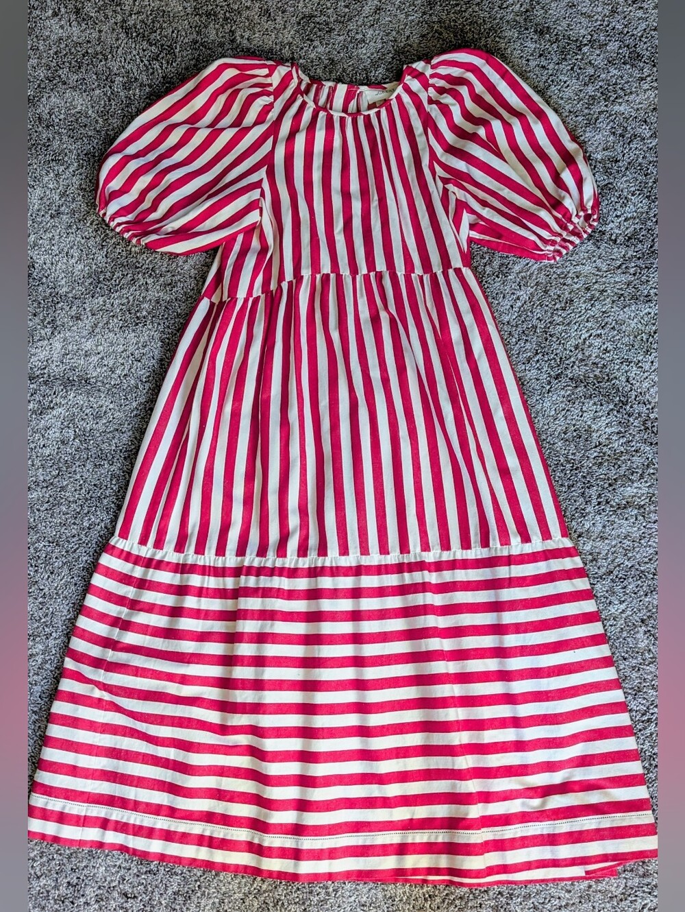 THE GREAT. Red and White Striped Puff-Sleeve Dress